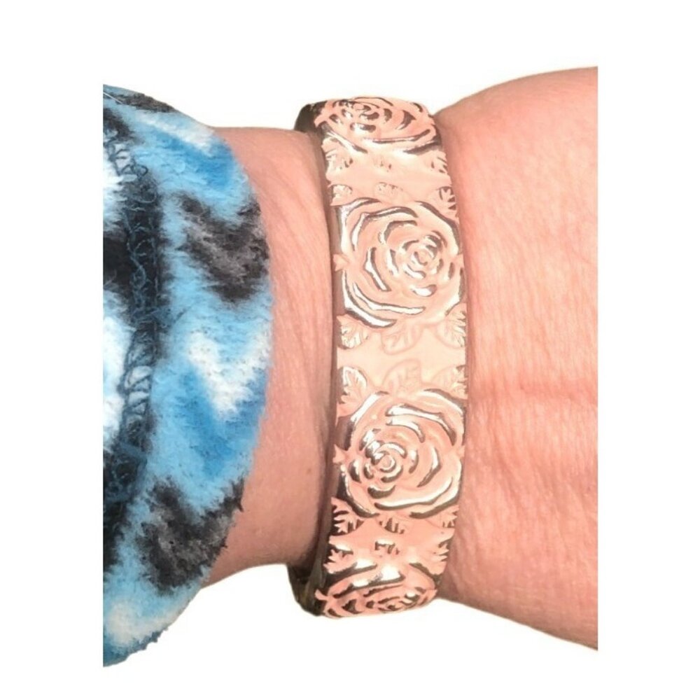 Gold Tone Pink Enamel Rose Pattern Clamper Bracelet